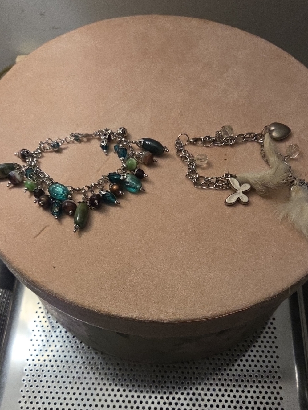 Silver Charm Bracelet with Green and Teal Beads